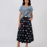 Tricou din in și bumbac cu print albastru-jeans