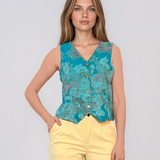 Vestă scurtă din in cu print floral turcoaz