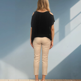 Pantaloni conici din bumbac cu șnur în talie crem