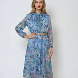 Rochie midi din voal cu print floral și curea albastru