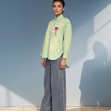 Cămașă damă stil jeans cu buzunar colorat aqua