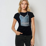 Tricou mulat din bumbac cu print corset și strasuri negru