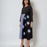 Rochie albastru-jeans cu mâneci 3/4 din bumbac cu inserții, casual și lejeră albastru-jeans