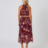 Rochie lungă din bumbac cu print floral și centură în talie grena