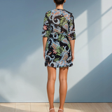 Rochie din voal cu imprimeu și cordon în talie negru