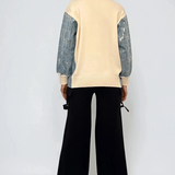 Bluză cu mâneci denim si paiete alb