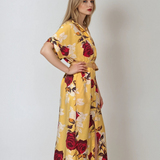 Rochie lunga cu centura in talie print floral galben