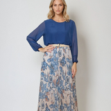 Fustă lungă plisată cu curea și print floral bleu