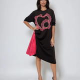 Rochie lungă albastru din bumbac cu inserție și floare din organza cu perle ciclam