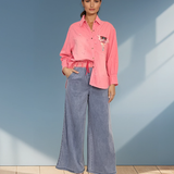 Cămașă damă stil jeans cu buzunar colorat roz