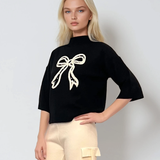 Pulover tricotat cu fundă ?i mânecă 3/4 negru