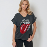 Tricou larg din bumbac cu print logo Rolling Stones și strasuri gri