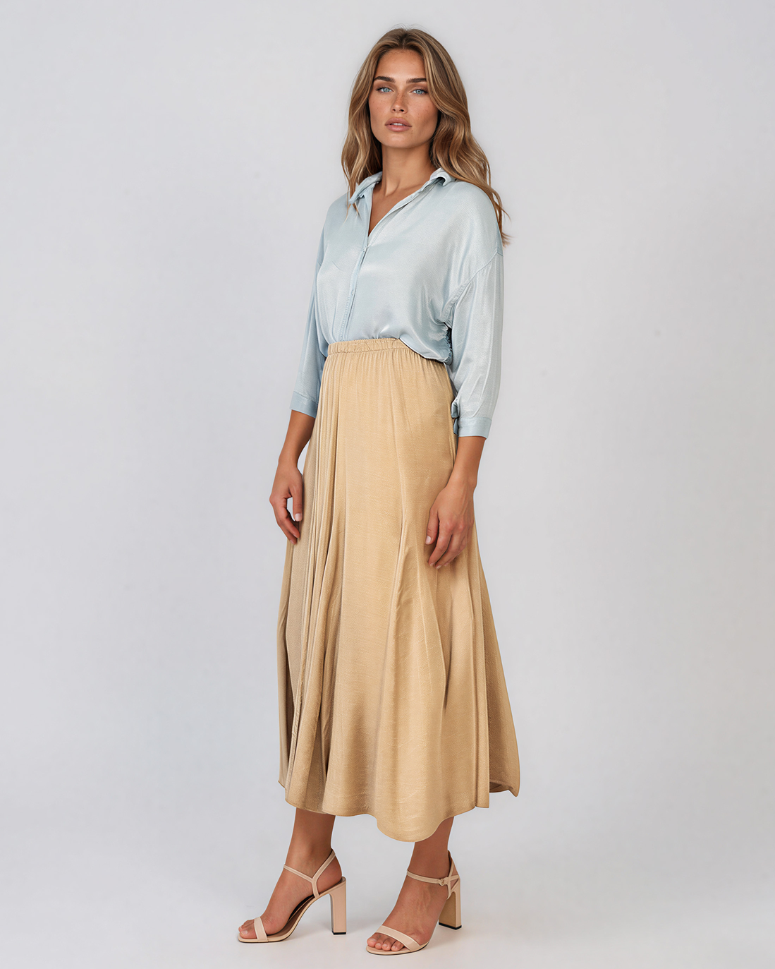Fustă clos din mătase cu print beige PN019