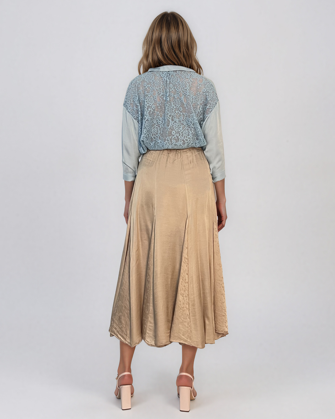 Fustă clos din mătase cu print beige PN019