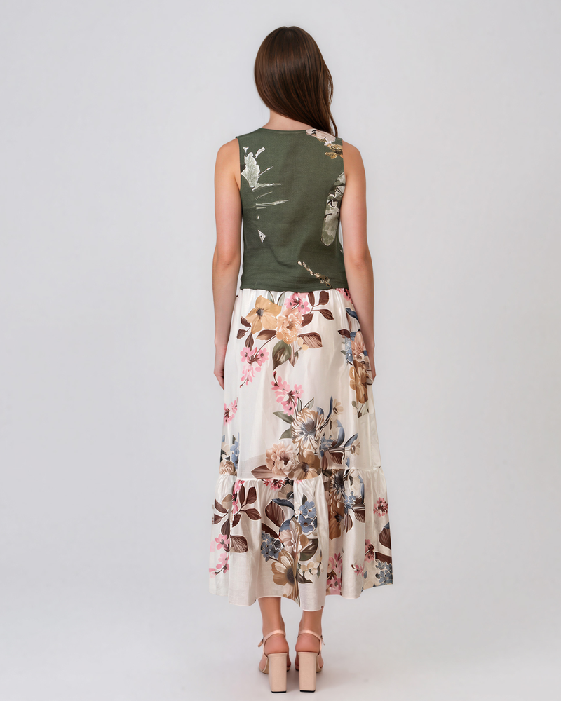 Fustă cu volane asimetrice și print floral alb PR945