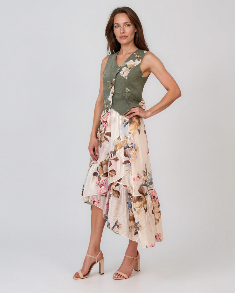 Fustă cu volane asimetrice și print floral alb PR945