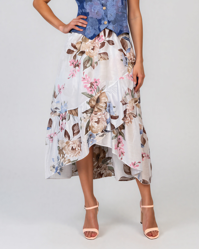 Fustă cu volane asimetrice și print floral bleu PR945