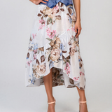 Fustă cu volane asimetrice și print floral bleu PR945