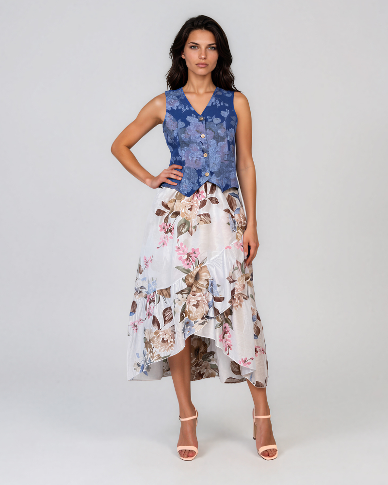 Fustă cu volane asimetrice și print floral bleu PR945