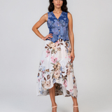 Fustă cu volane asimetrice și print floral bleu PR945
