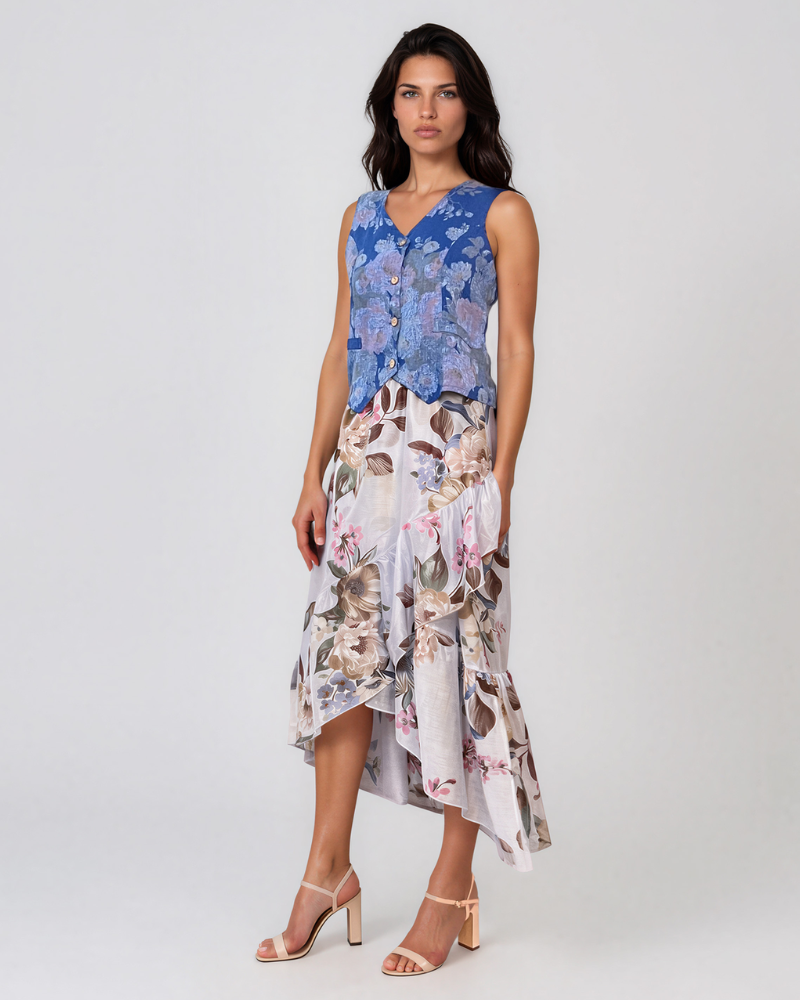 Fustă cu volane asimetrice și print floral bleu PR945