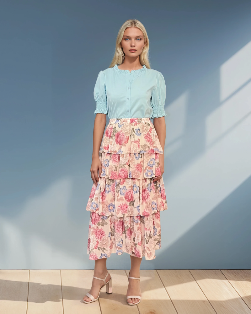 Fustă lungă cu volane și print floral crem 
