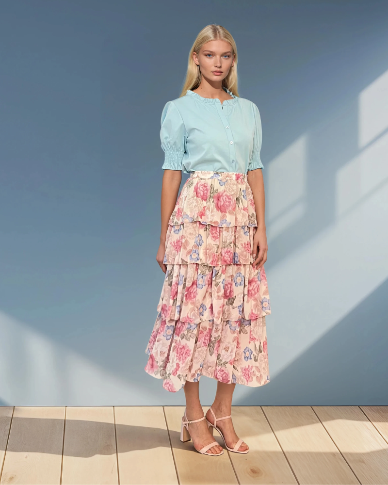 Fustă lungă cu volane și print floral crem 