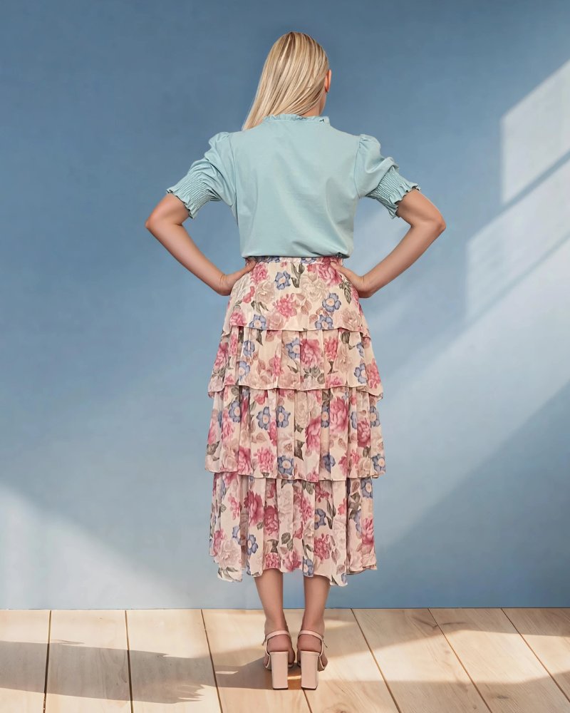 Fustă lungă cu volane și print floral crem 