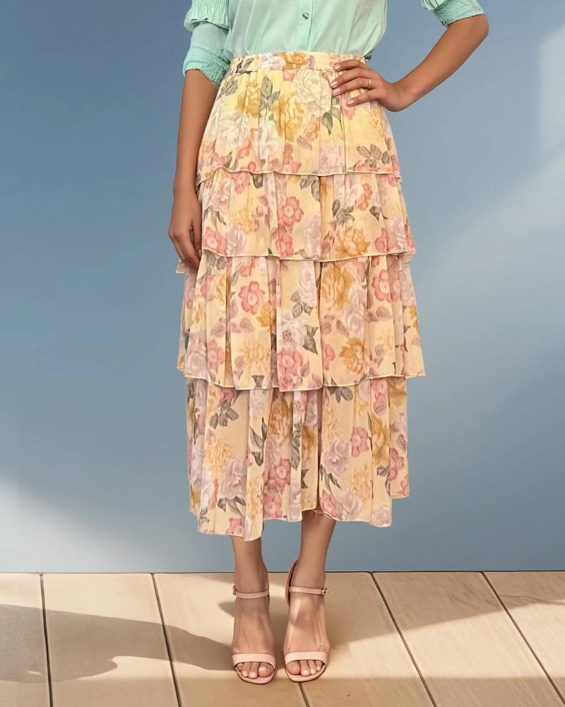 Fustă lungă cu volane și print floral galben 