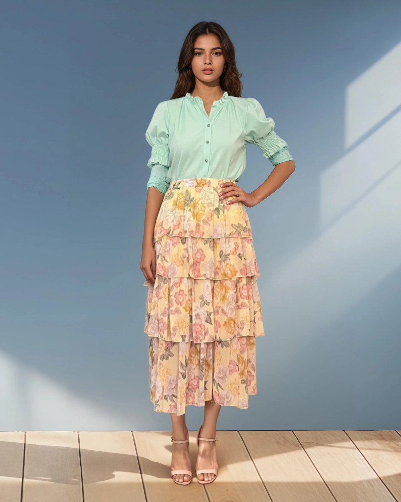 Fustă lungă cu volane și print floral galben 