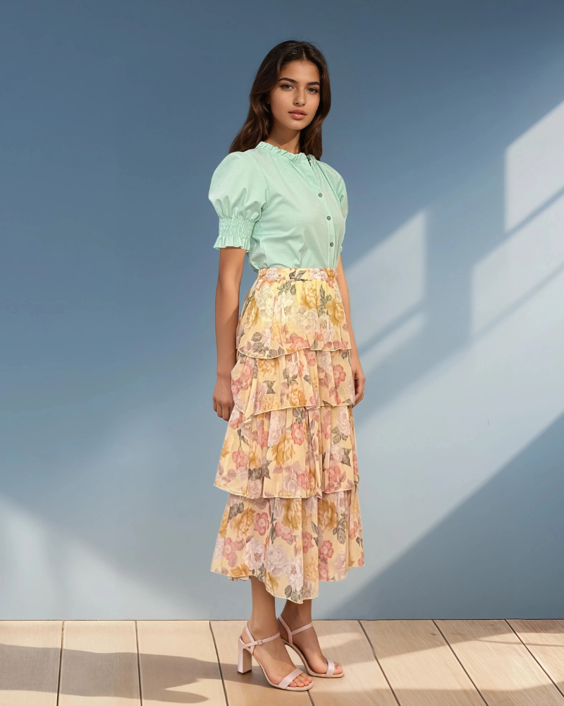Fustă lungă cu volane și print floral galben 