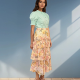 Fustă lungă cu volane și print floral galben 