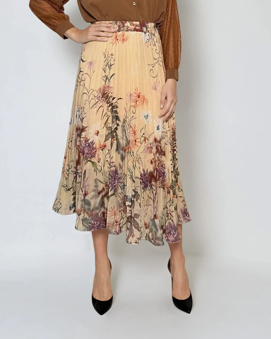 Fustă lungă din voal plisat cu print floral galben 
