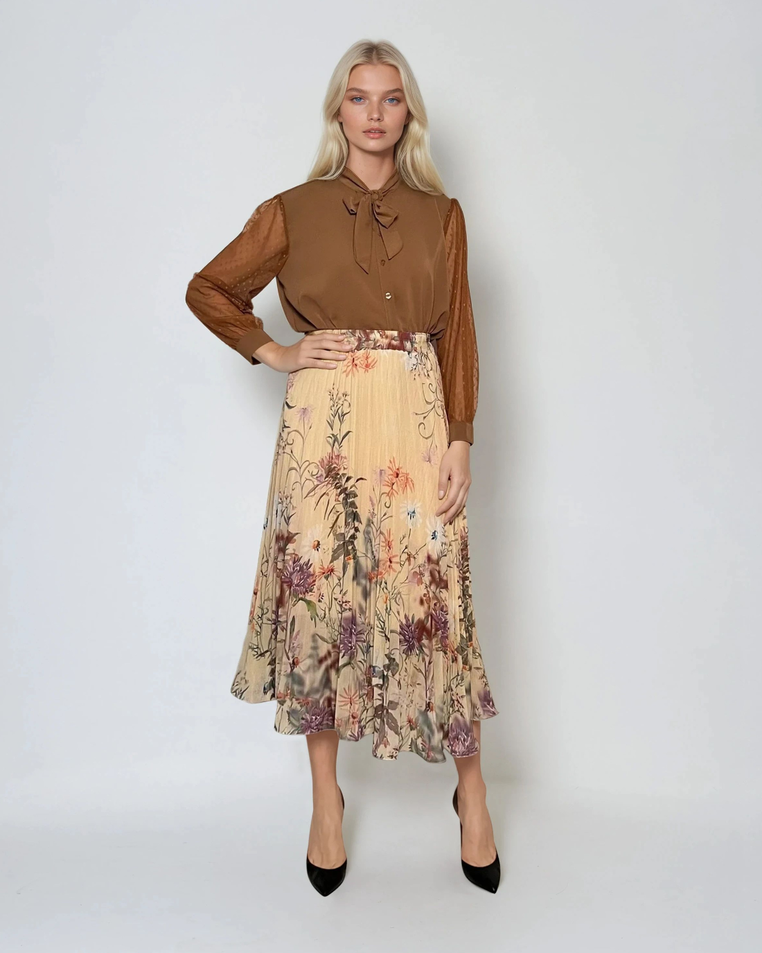 Fustă lungă din voal plisat cu print floral galben 