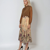 Fustă lungă din voal plisat cu print floral galben 