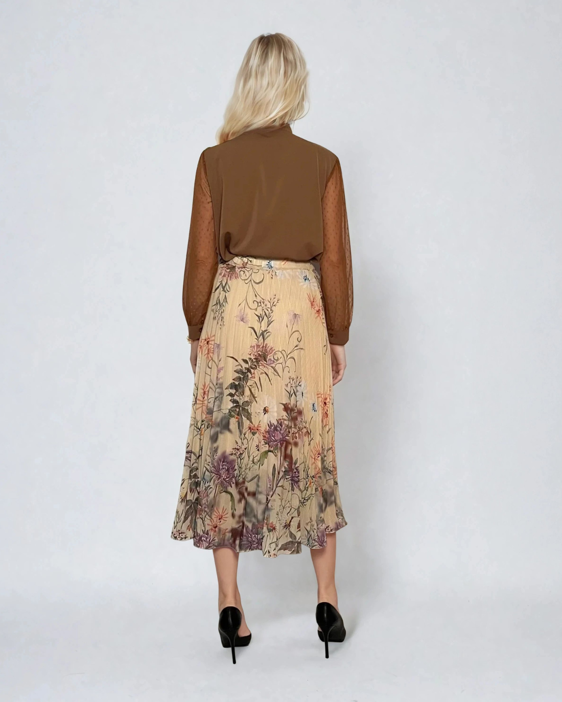Fustă lungă din voal plisat cu print floral galben 