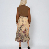 Fustă lungă din voal plisat cu print floral galben 