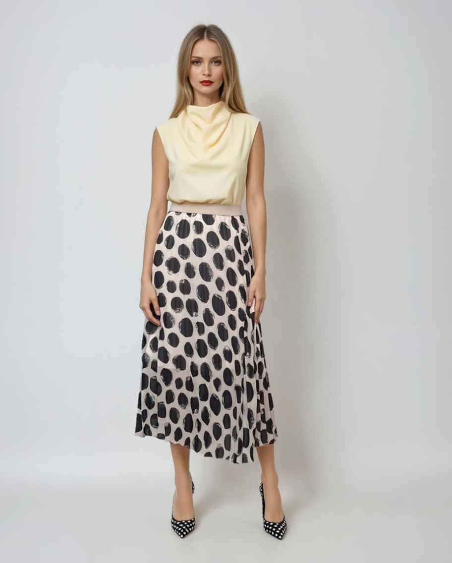 Fustă lungă plisată cu buline și bandă elastică alb-negru 