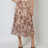 Fustă lungă plisată cu curea și print floral beige 