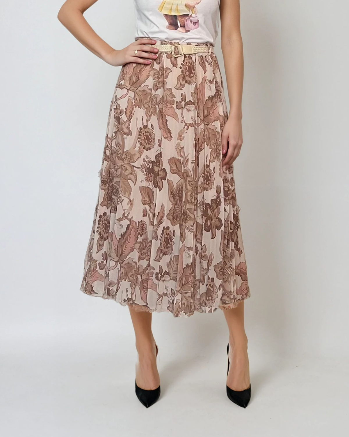 Fustă lungă plisată cu curea și print floral beige 