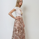 Fustă lungă plisată cu curea și print floral beige 