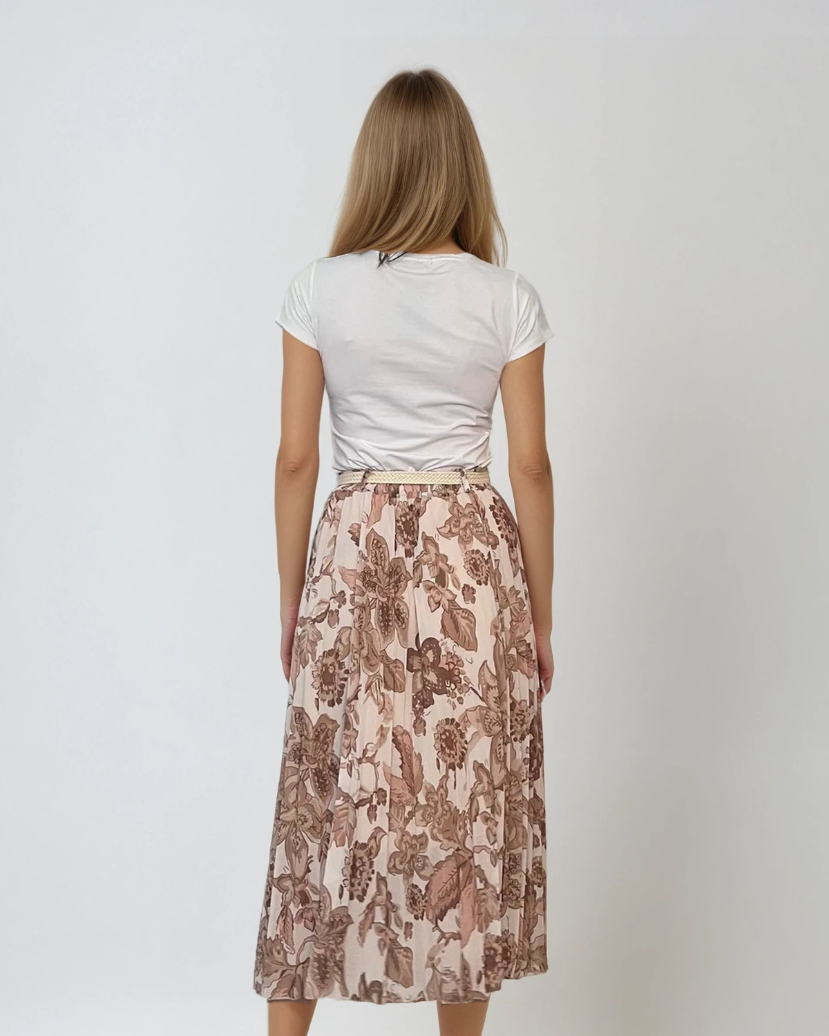 Fustă lungă plisată cu curea și print floral beige 