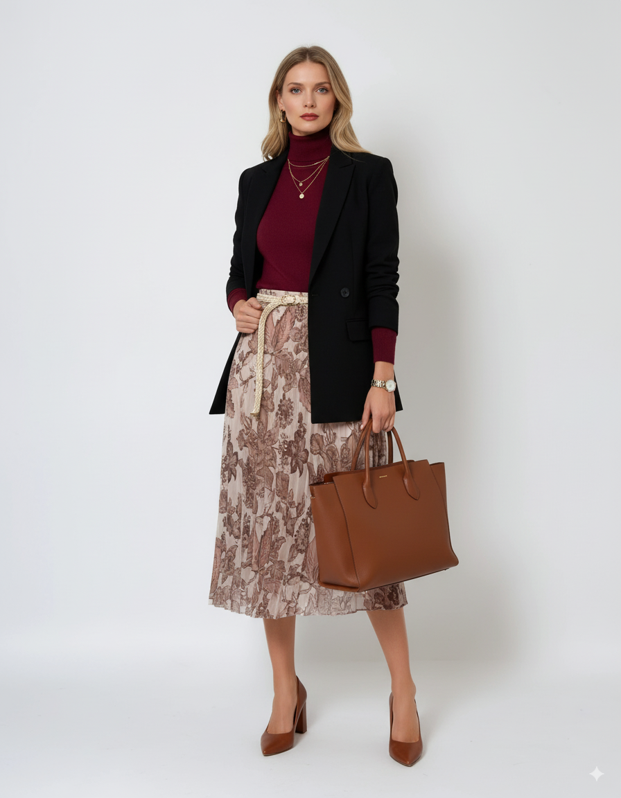 Fustă lungă plisată cu curea și print floral beige 