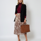 Fustă lungă plisată cu curea și print floral beige 