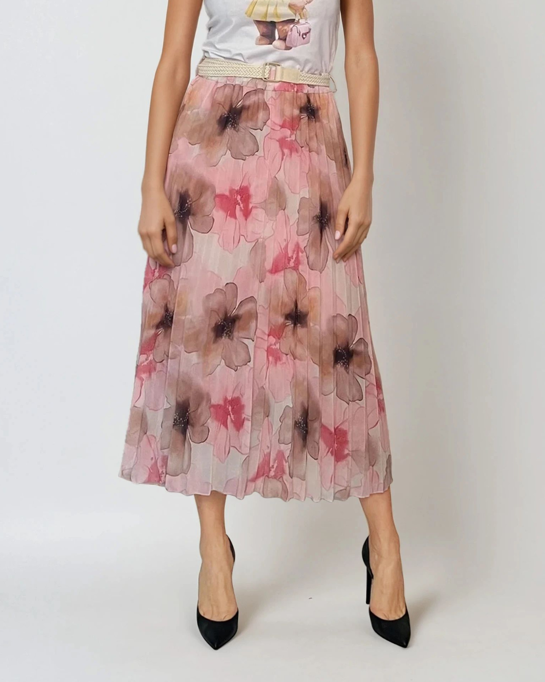 Fustă lungă plisată cu curea și print floral roz 