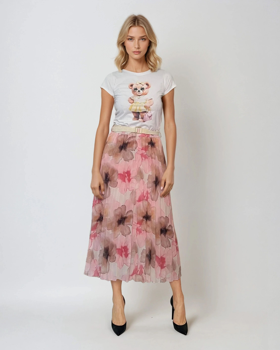 Fustă lungă plisată cu curea și print floral roz 