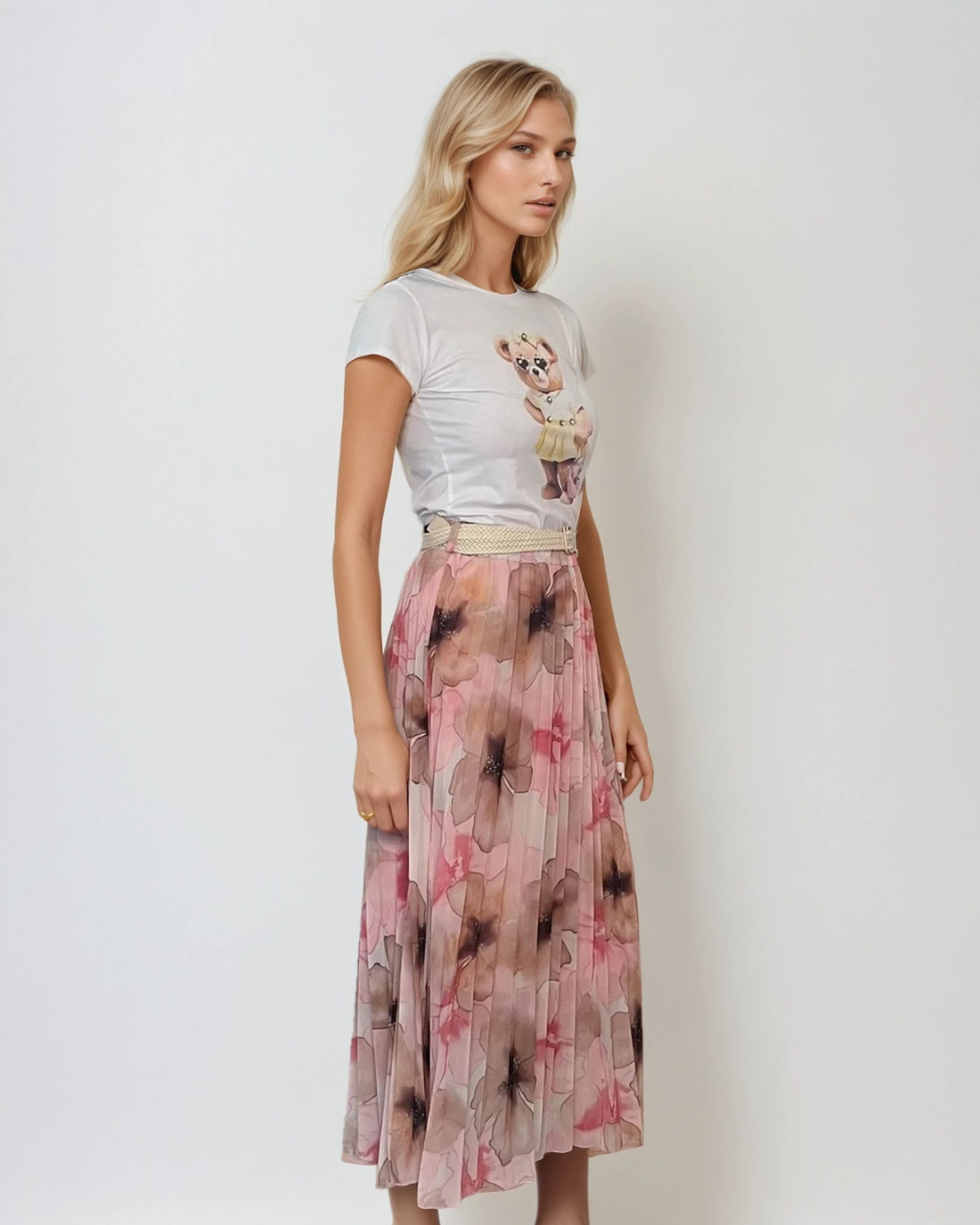 Fustă lungă plisată cu curea și print floral roz 