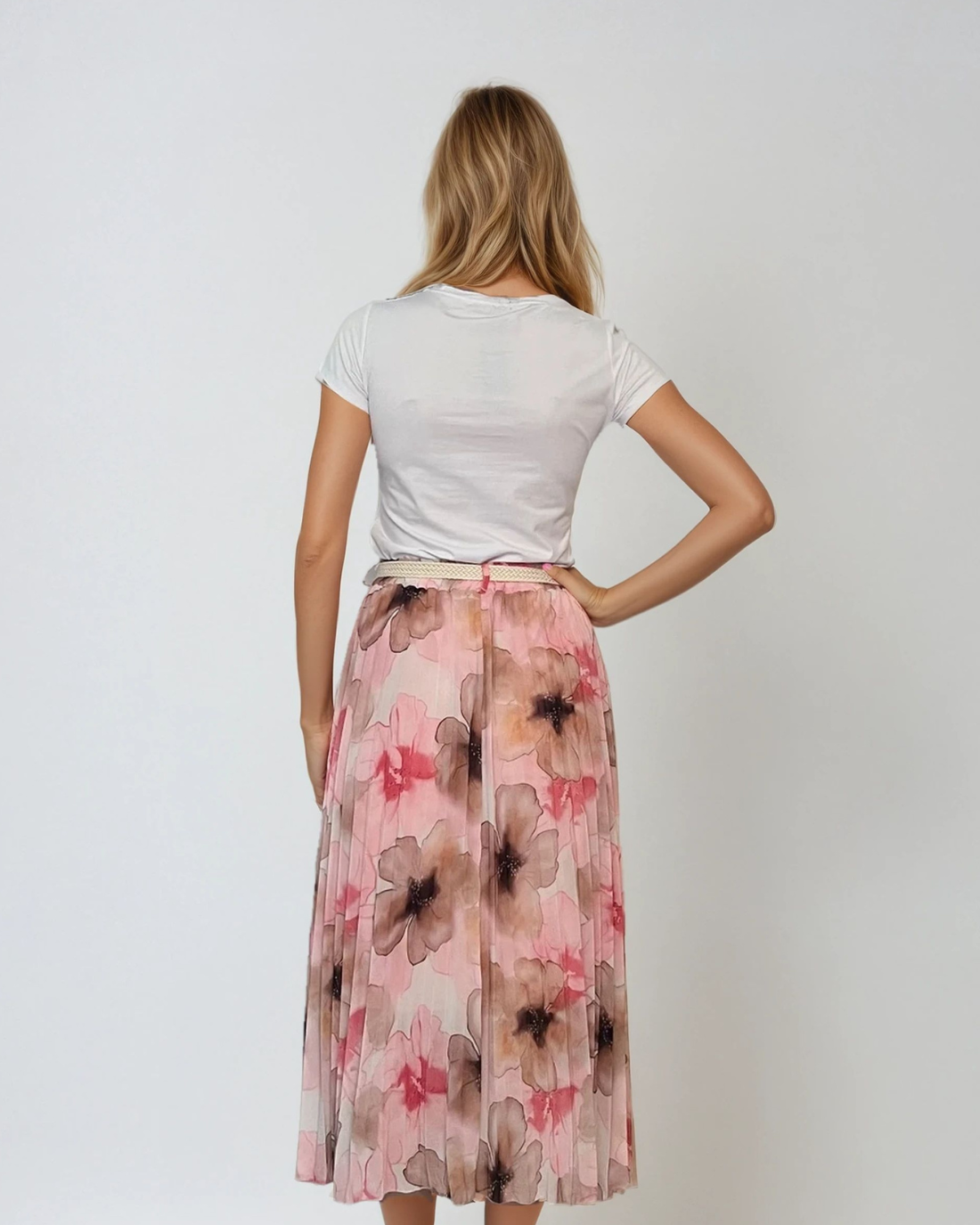 Fustă lungă plisată cu curea și print floral roz 