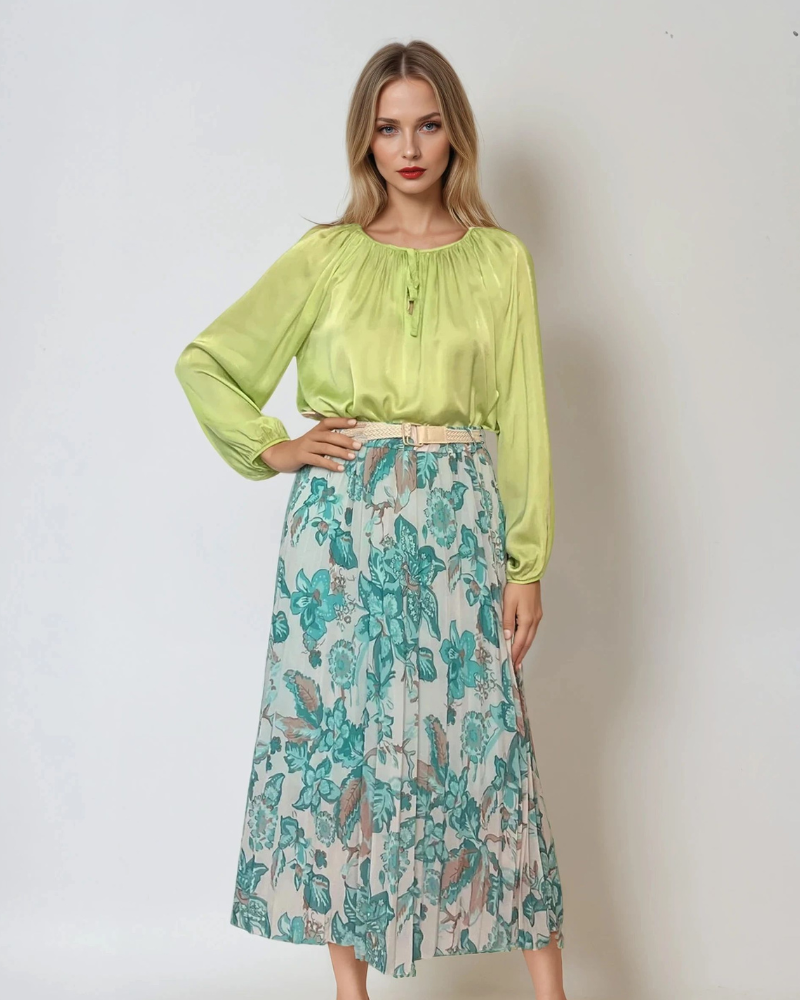 Fustă lungă plisată cu curea și print floral turcoaz 