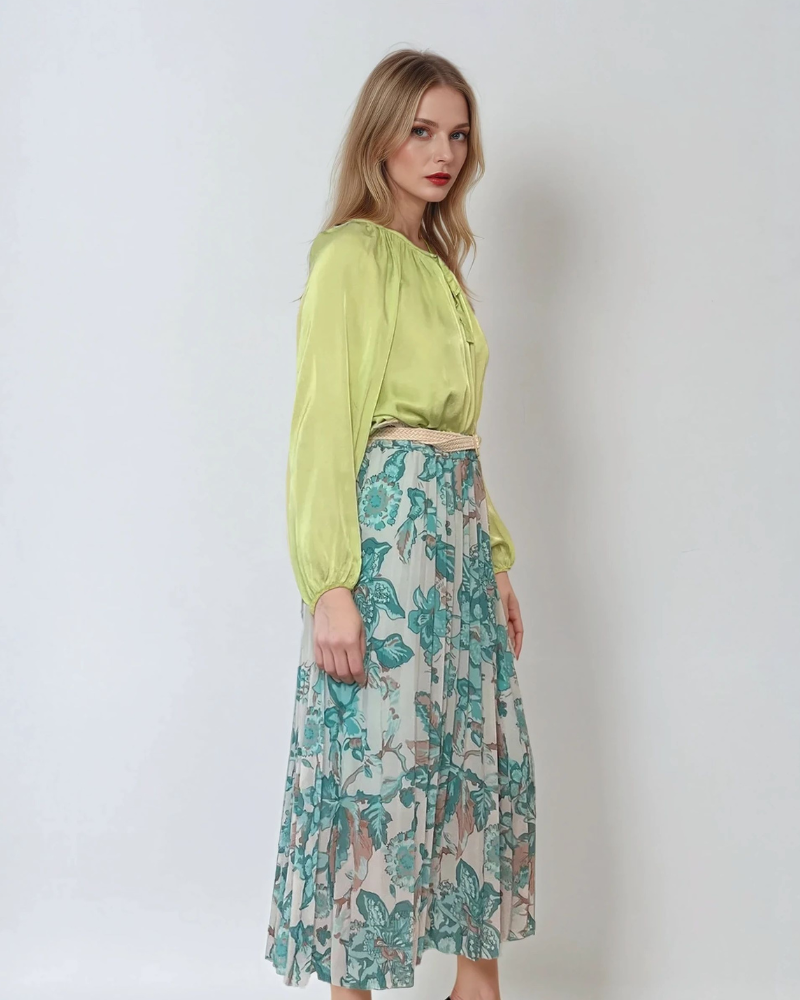 Fustă lungă plisată cu curea și print floral turcoaz 